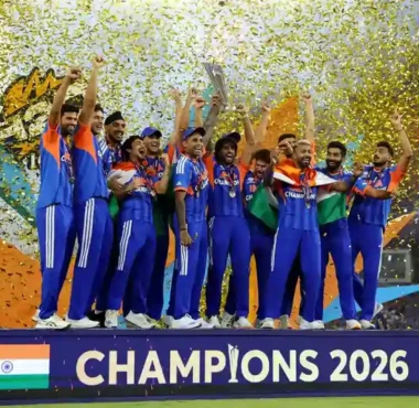 Team India lifting the 2026 T20 World Cup trophy after winning the final against New Zealand in Ahmedabad