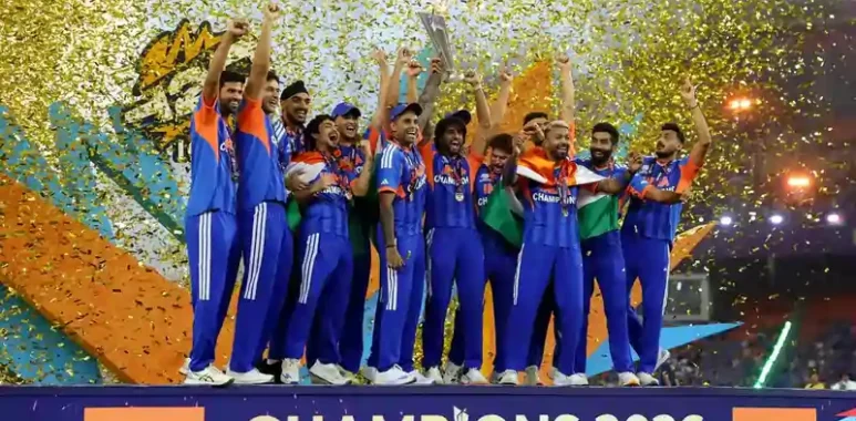Team India lifting the 2026 T20 World Cup trophy after winning the final against New Zealand in Ahmedabad