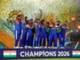 Team India lifting the 2026 T20 World Cup trophy after winning the final against New Zealand in Ahmedabad