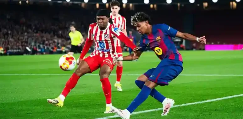 Lamine Yamal captured during a UCL match between Barcelona & Atletico