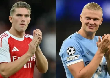 Manchester City's Haaland and Arsenal's Gyokeres in action during Premier League