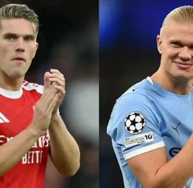 Manchester City's Haaland and Arsenal's Gyokeres in action during Premier League