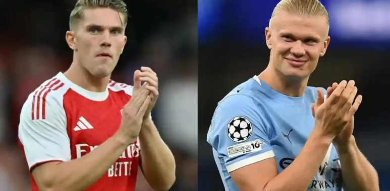 Manchester City's Haaland and Arsenal's Gyokeres in action during Premier League