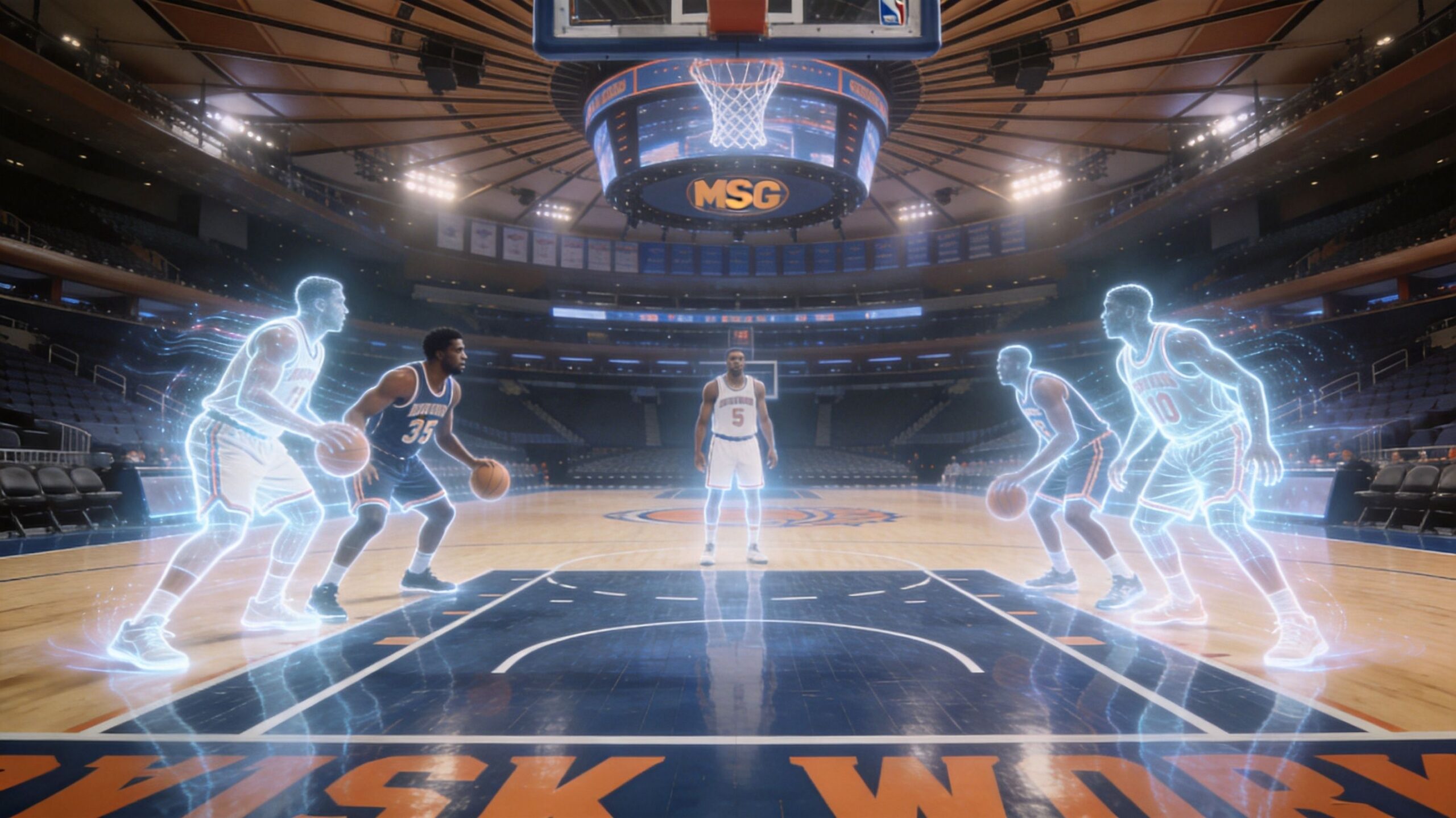A digital basketball court inside Madison Square Garden featuring a real player standing between holographic basketball players.