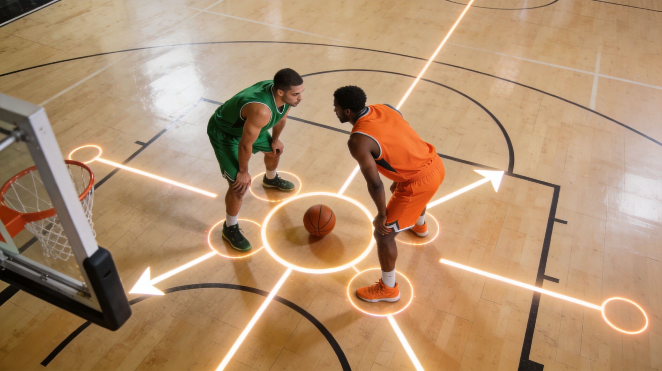 A high-angle view of two basketball players facing each other on a court with digital motion graphics.