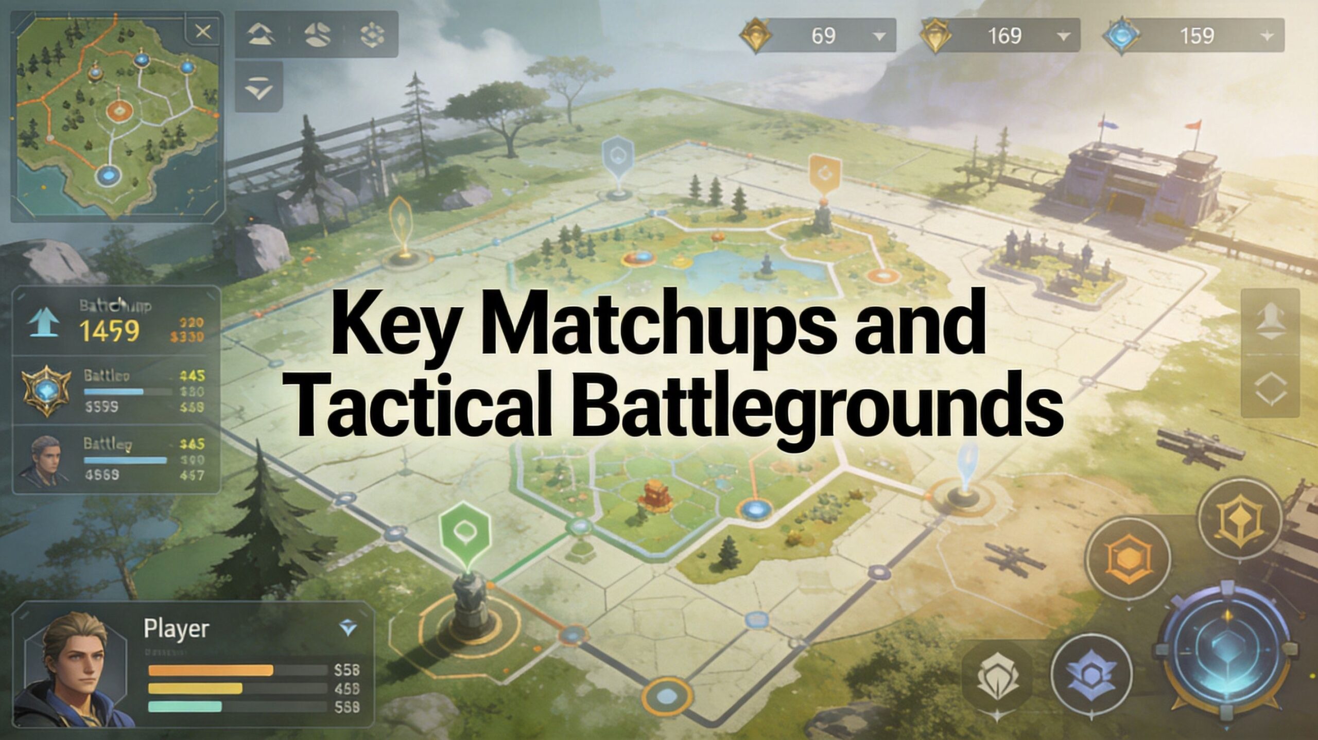 A tactical battleground map from a mobile strategy game featuring UI elements and strategic markers.