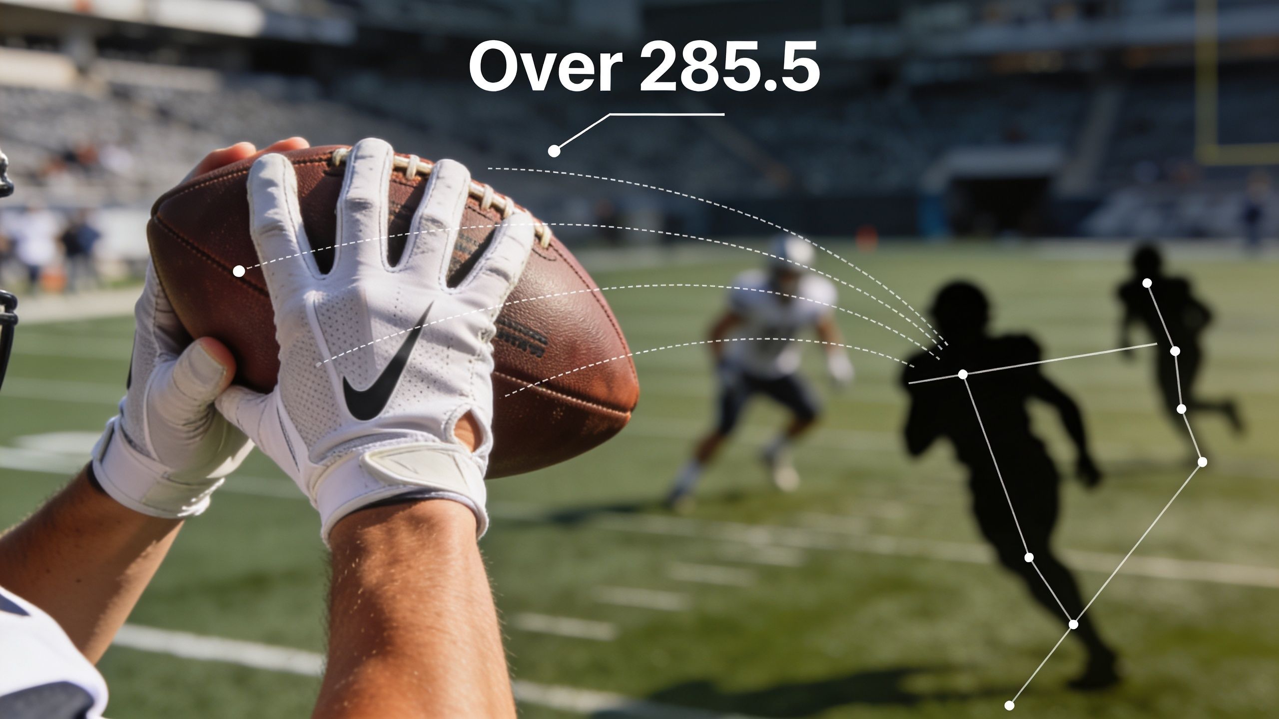 A football player holding a ball on the field with digital overlays representing sports betting statistics.