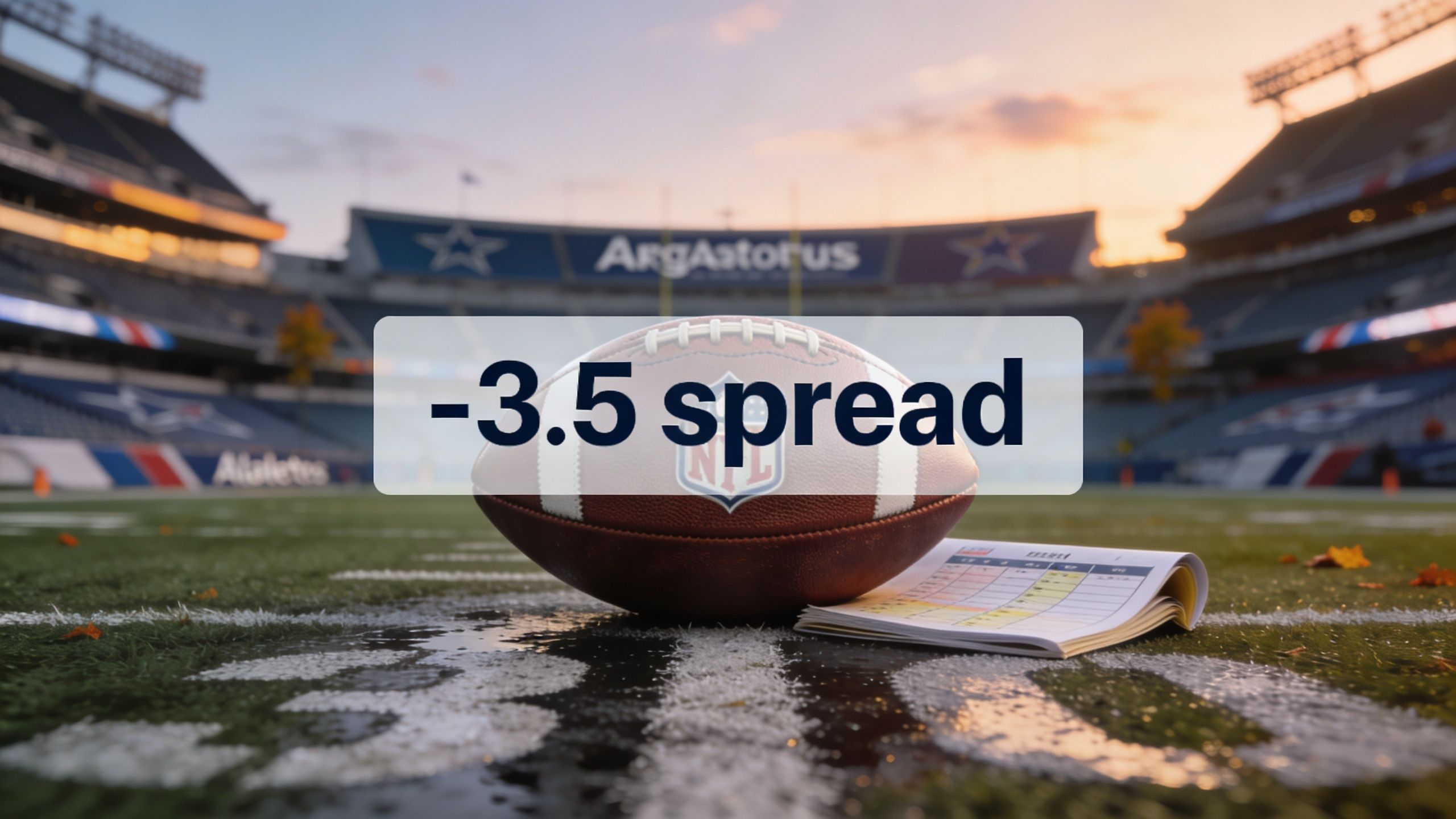 A football sits on a stadium field with a betting spread sign displayed prominently above it.