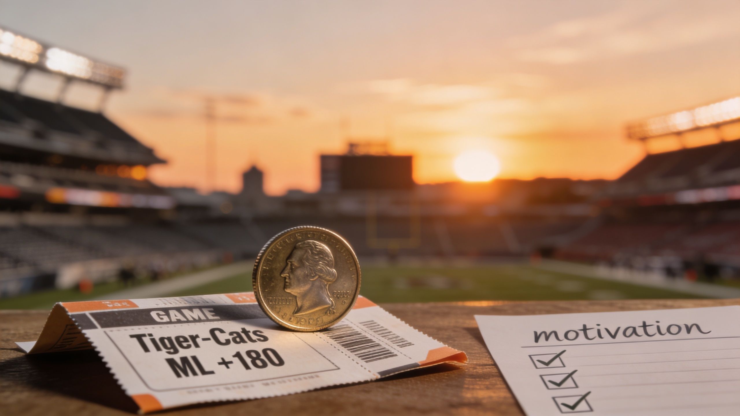 A football betting ticket for the Tiger-Cats at +180 odds, a coin, and a motivation checklist.