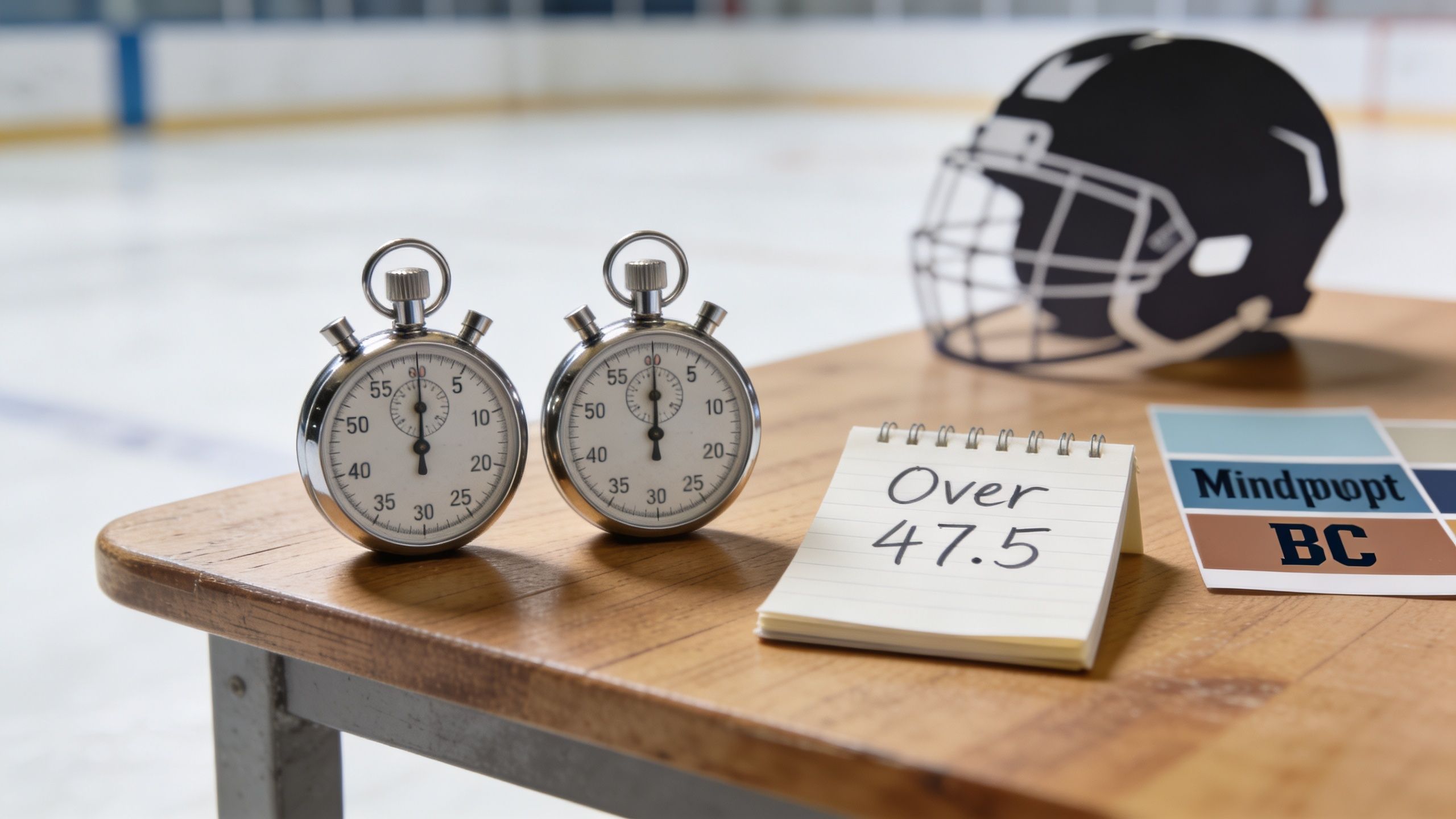 Two stopwatches and a notepad with Over 47.5 written on a wooden table beside a helmet.