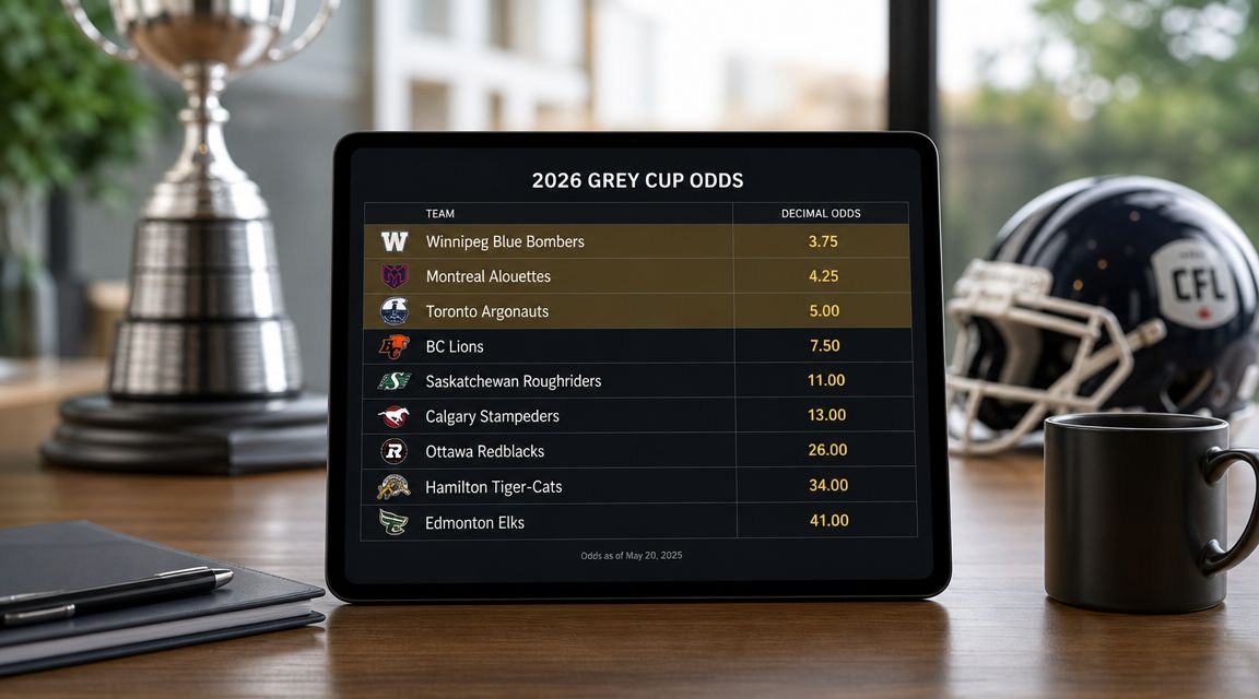 A digital tablet displaying 2026 Grey Cup championship betting odds for various Canadian Football League teams.
