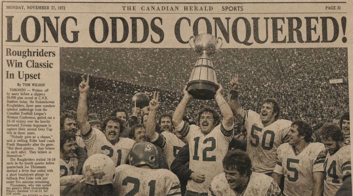 Vintage newspaper sports headline announcing Saskatchewan Roughriders' victory in the 1972 Grey Cup championship football game.