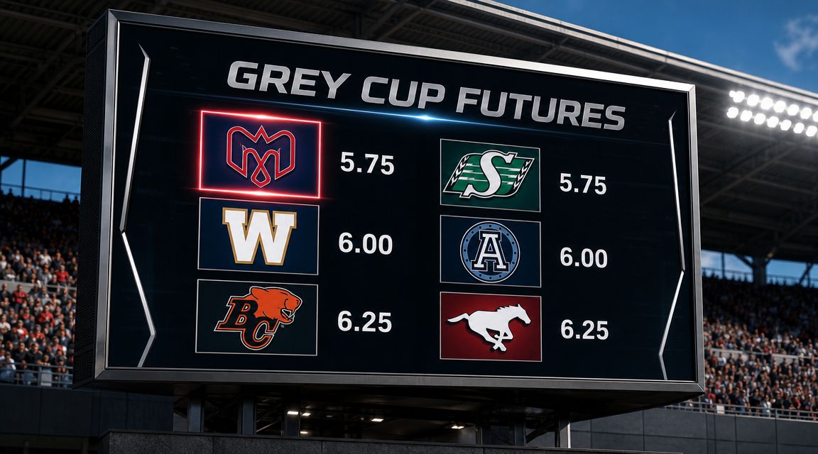 A large stadium scoreboard showing Grey Cup futures betting odds for various professional Canadian football teams.