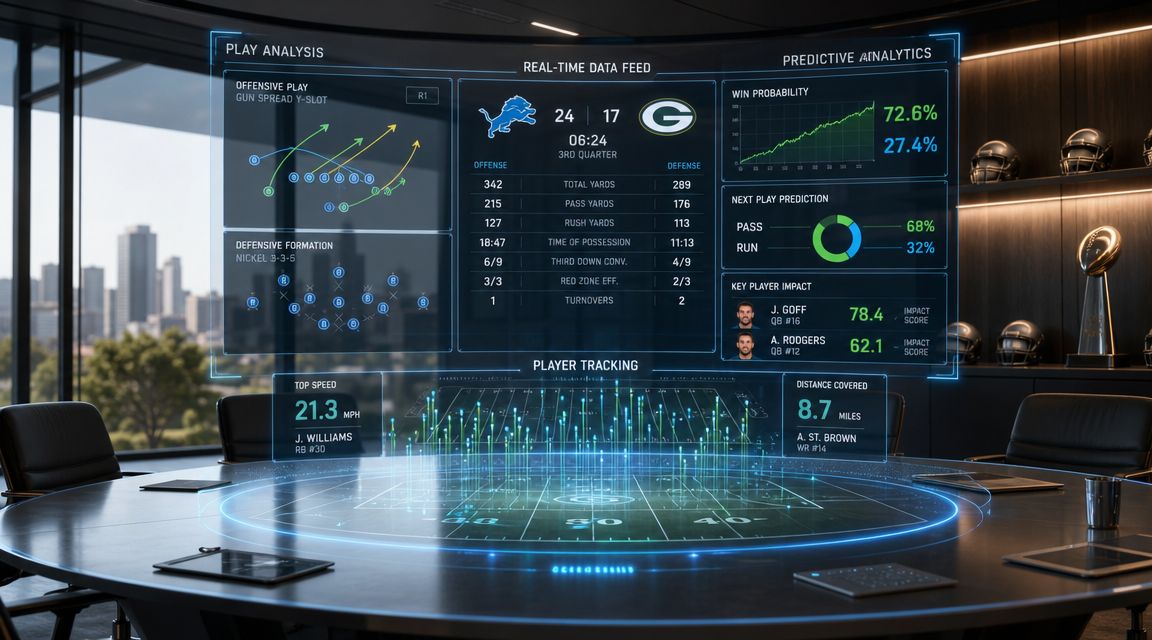 A high-tech digital boardroom display showing football game analytics, player statistics, and strategic play formations.