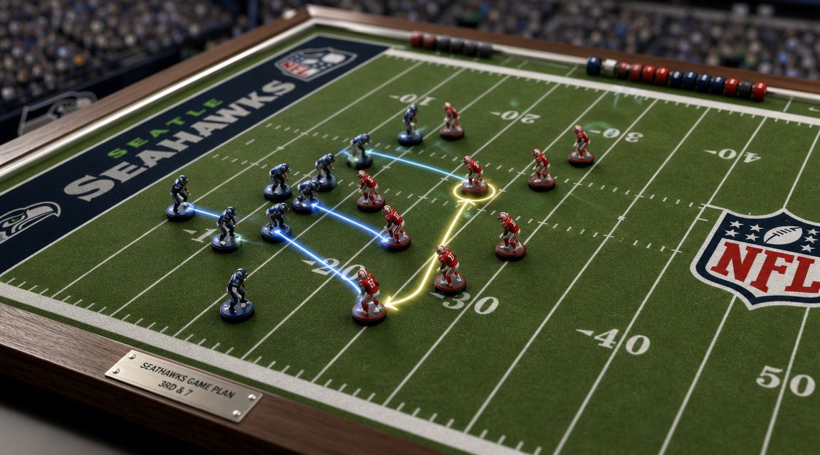 A miniature tabletop football game featuring Seattle Seahawks and an opposing team on the field.