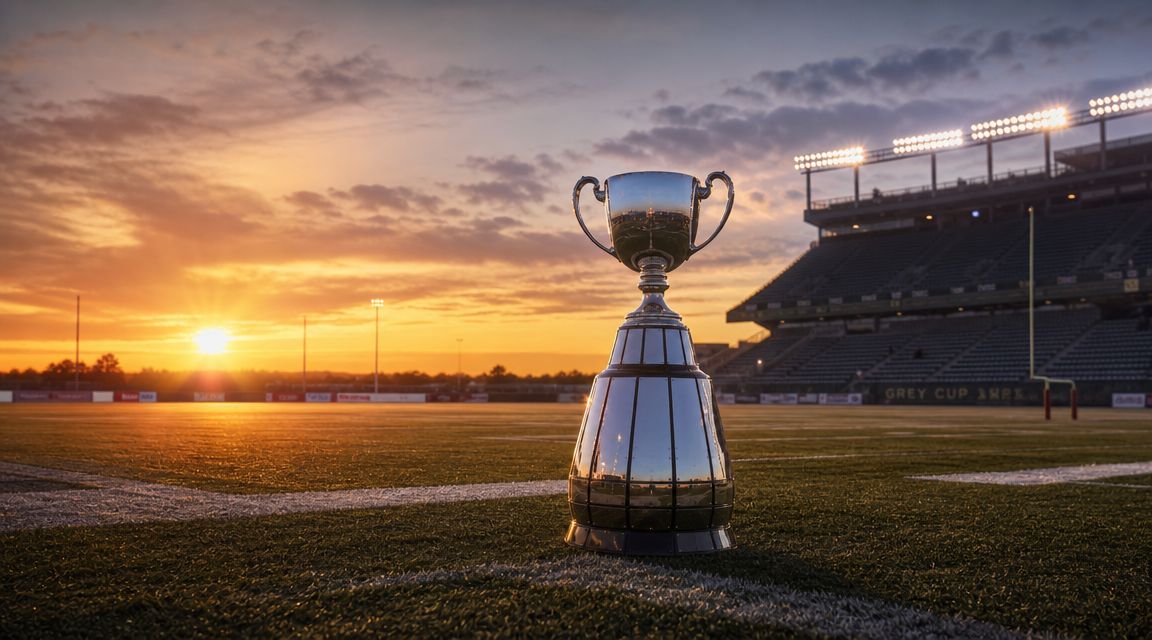 The Grey Cup trophy sits on a football field during a beautiful sunset at an empty stadium.