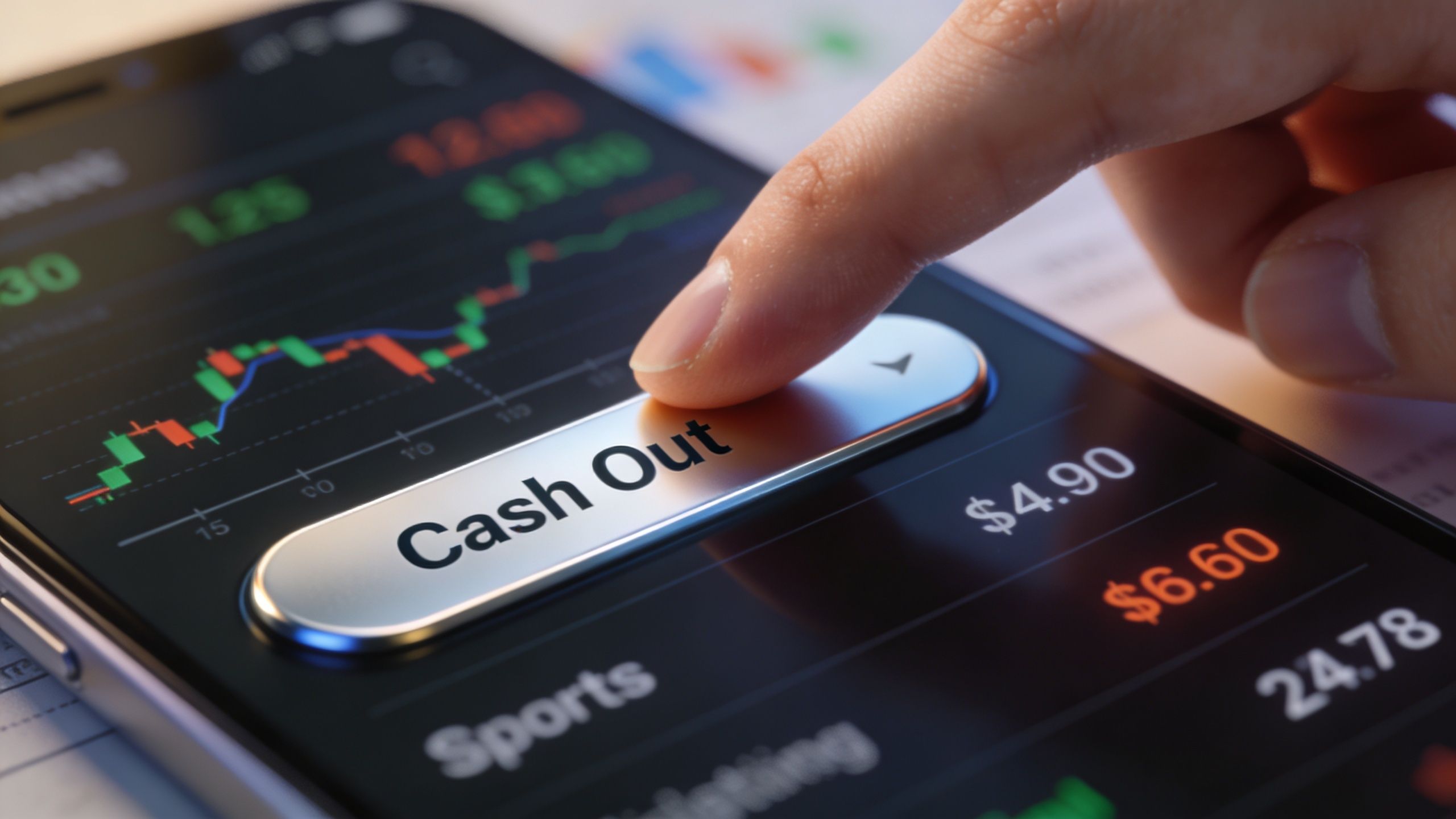 A close-up view of a finger pressing a digital cash out button on a smartphone screen showing financial charts.
