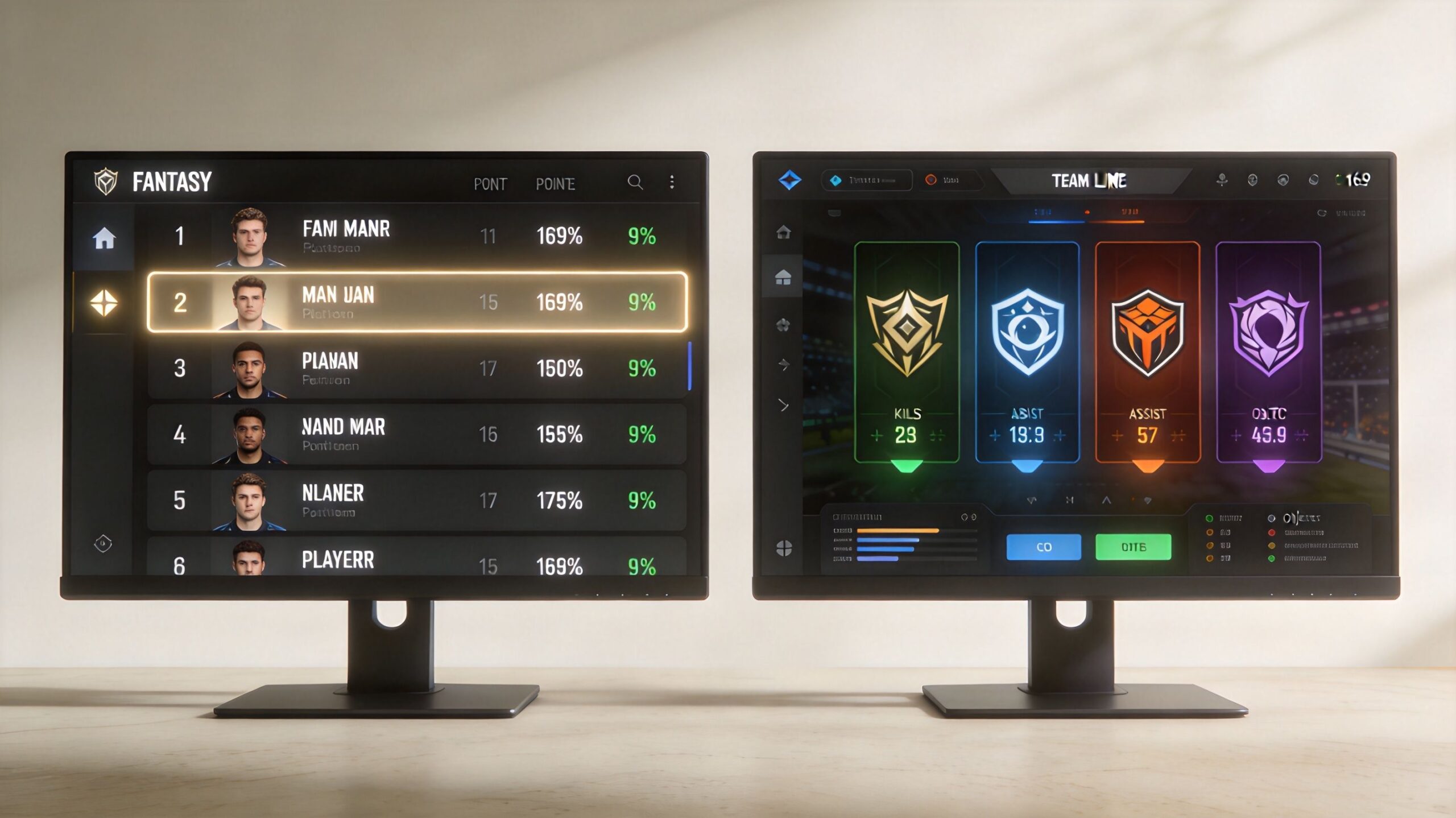 Two computer monitors side by side displaying fantasy sports league statistics and detailed team line-up information.