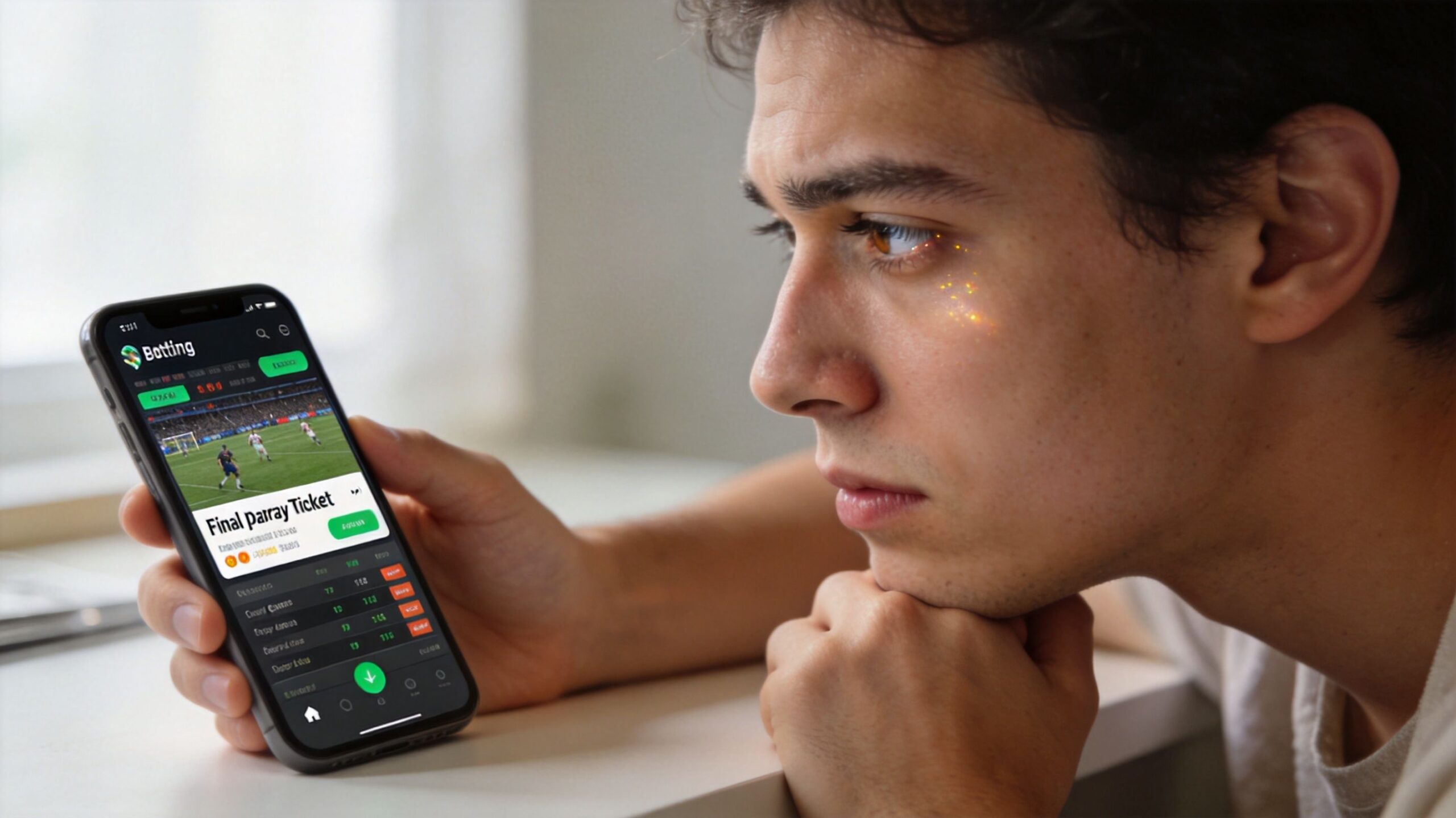 A focused young man carefully analyzes sports betting statistics on his smartphone screen in a well-lit room.