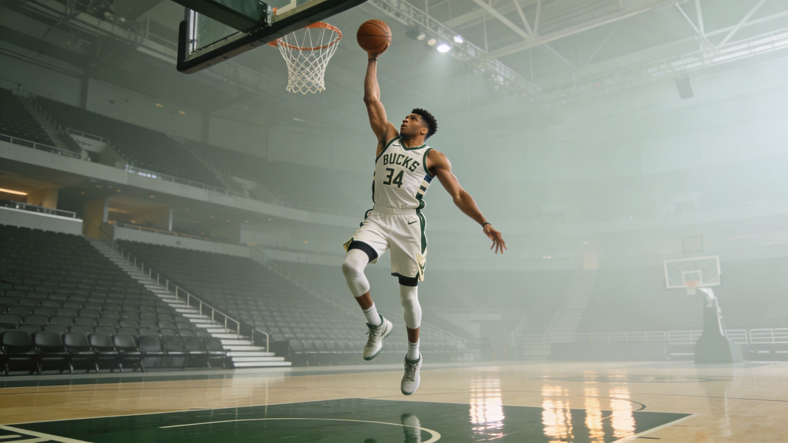 A professional basketball player jumping in the air to dunk a basketball during an arena game.