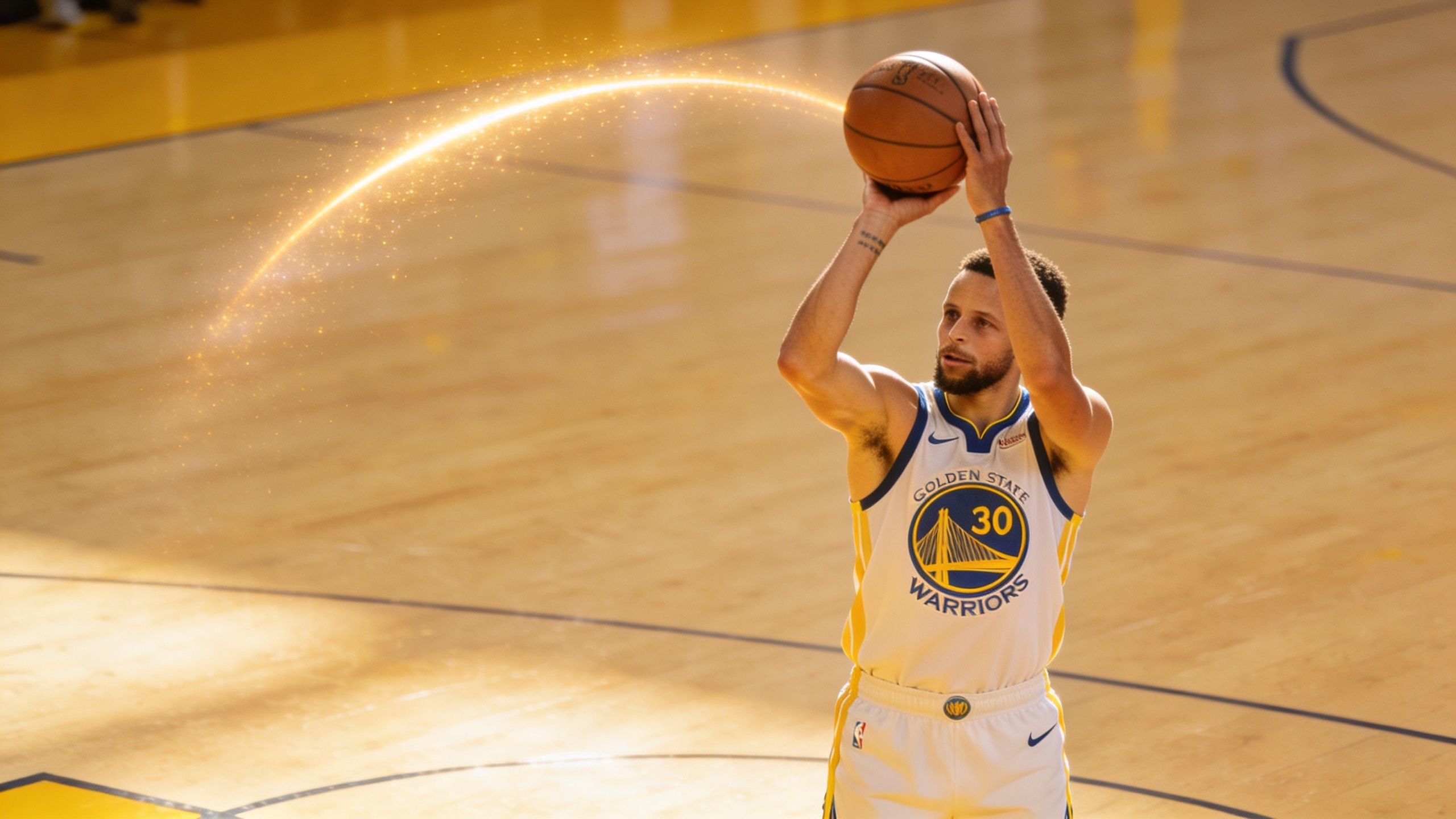 Stephen Curry of the Golden State Warriors preparing to take a basketball jump shot on the court.