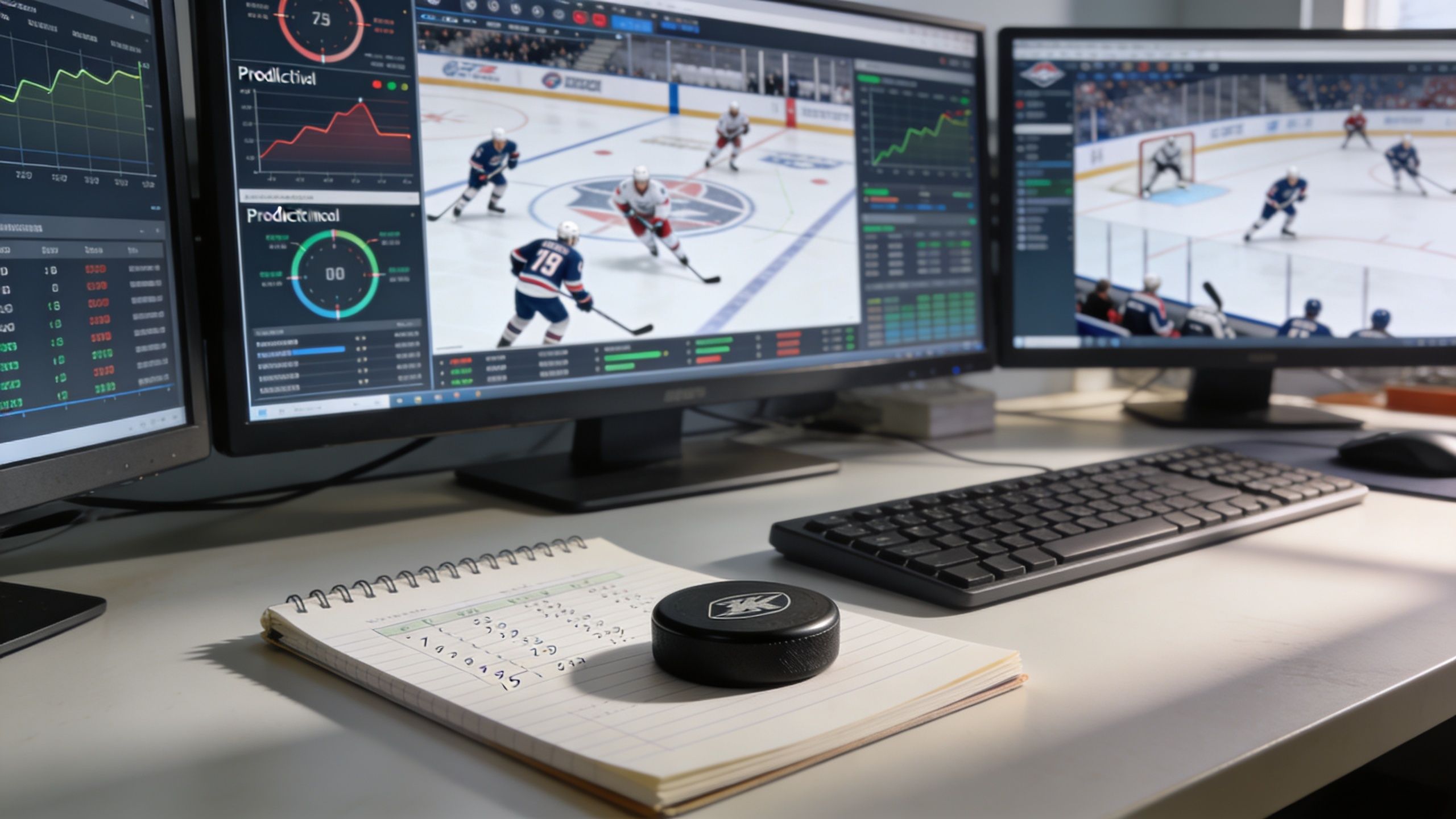 A hockey puck sits on a notepad in front of computer monitors showing NHL game data