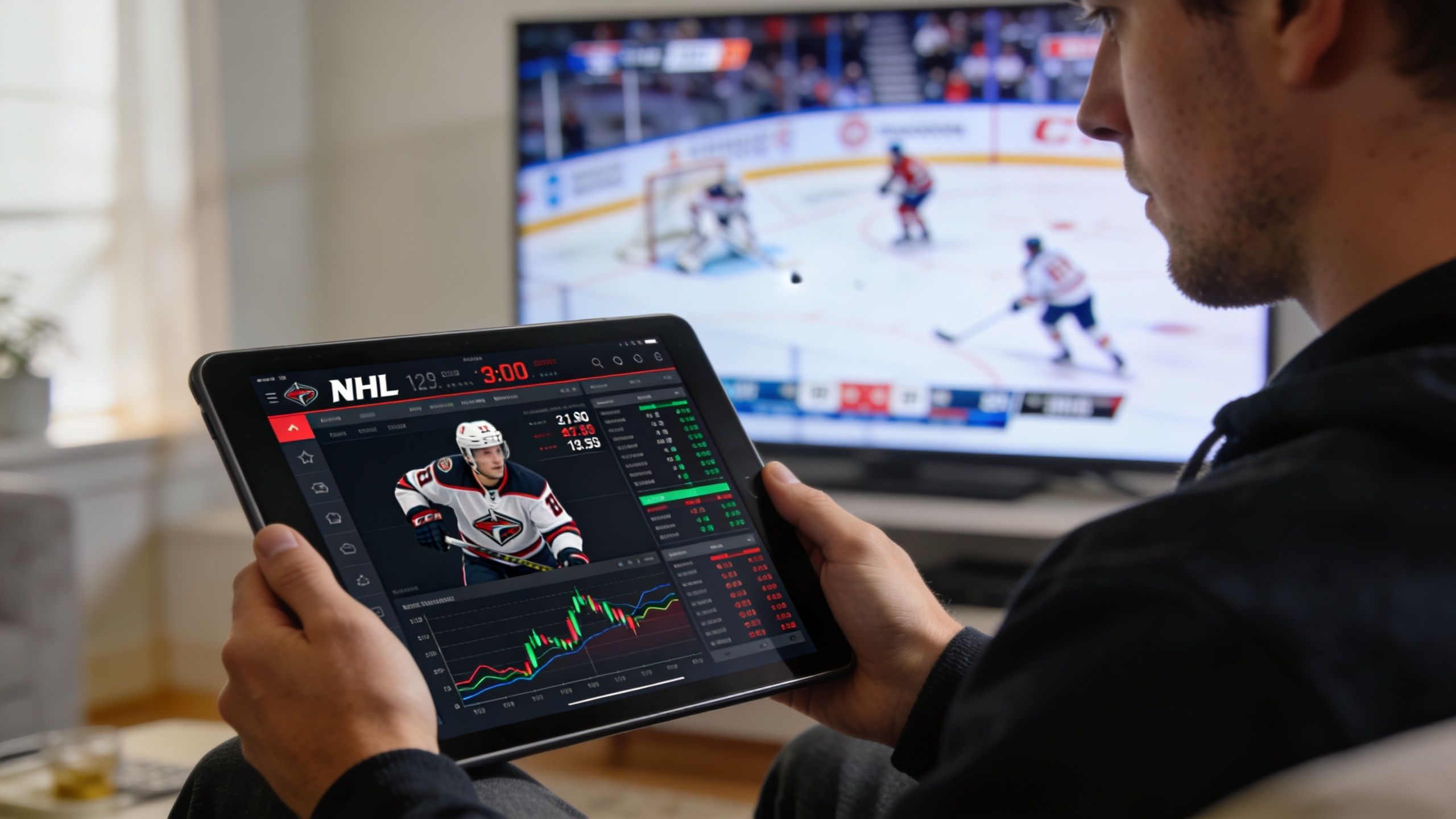 A person viewing live NHL hockey stats and trading data on a tablet while watching a game.
