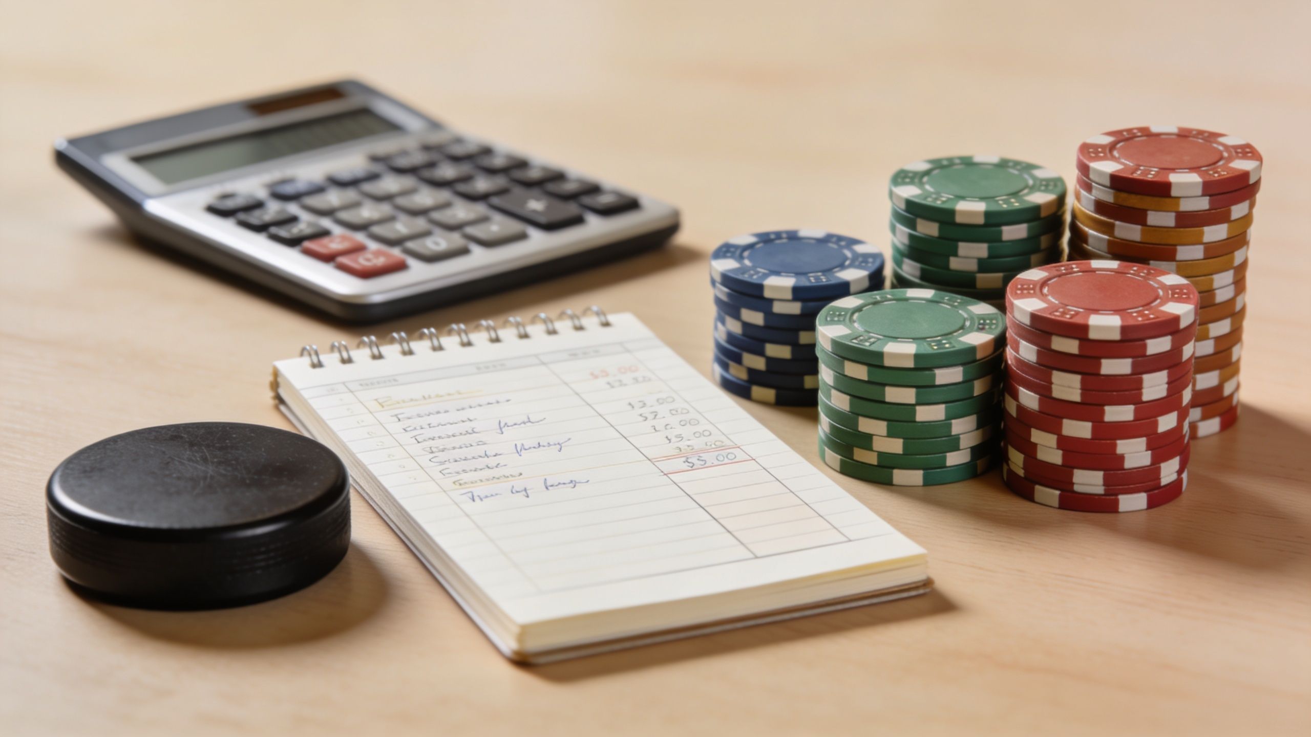 A calculator, a hockey puck, a notebook with notes, and stacked poker chips on a table.