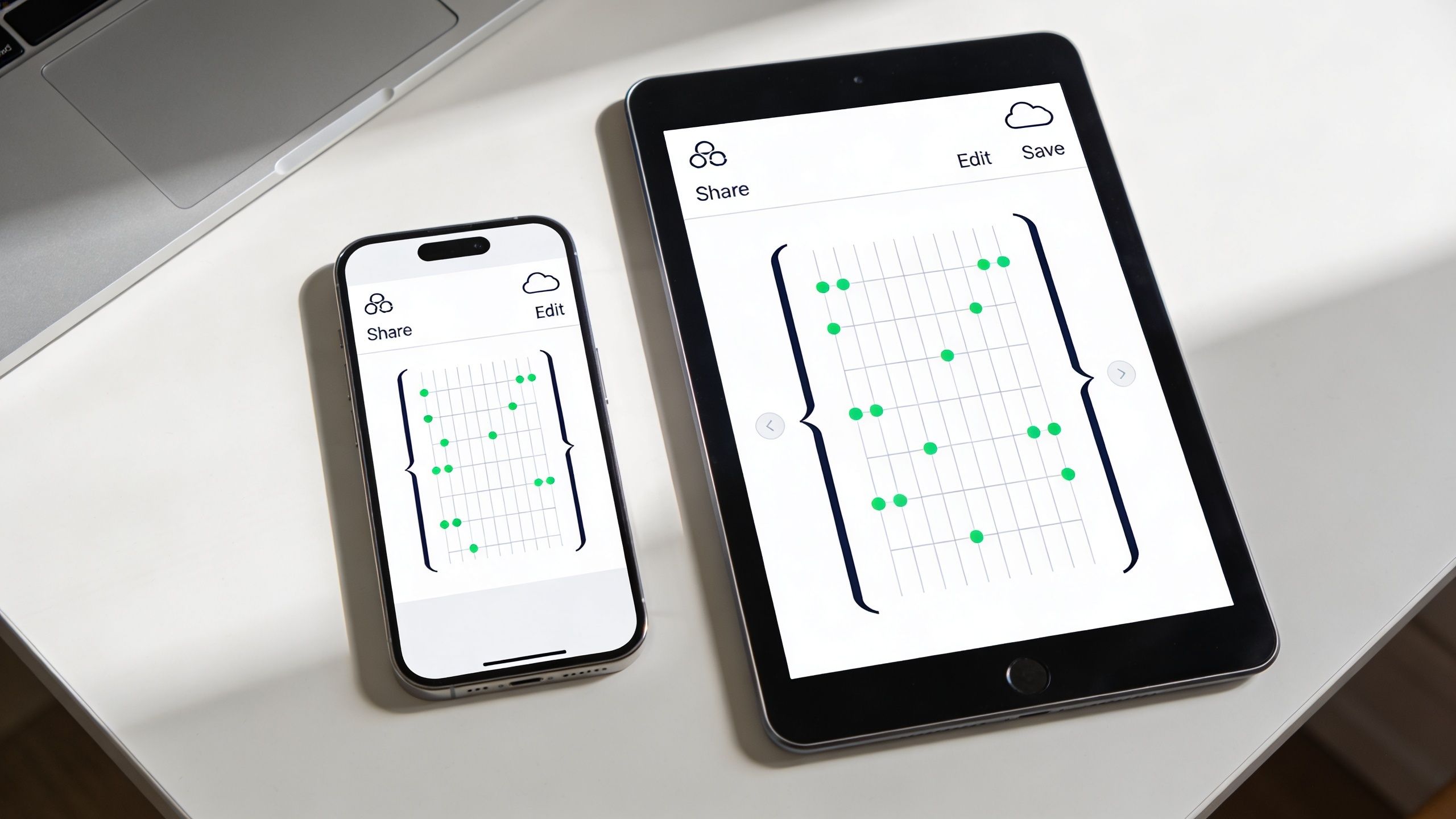 A smartphone and a tablet showing a guitar chord diagram application on a white office desk.
