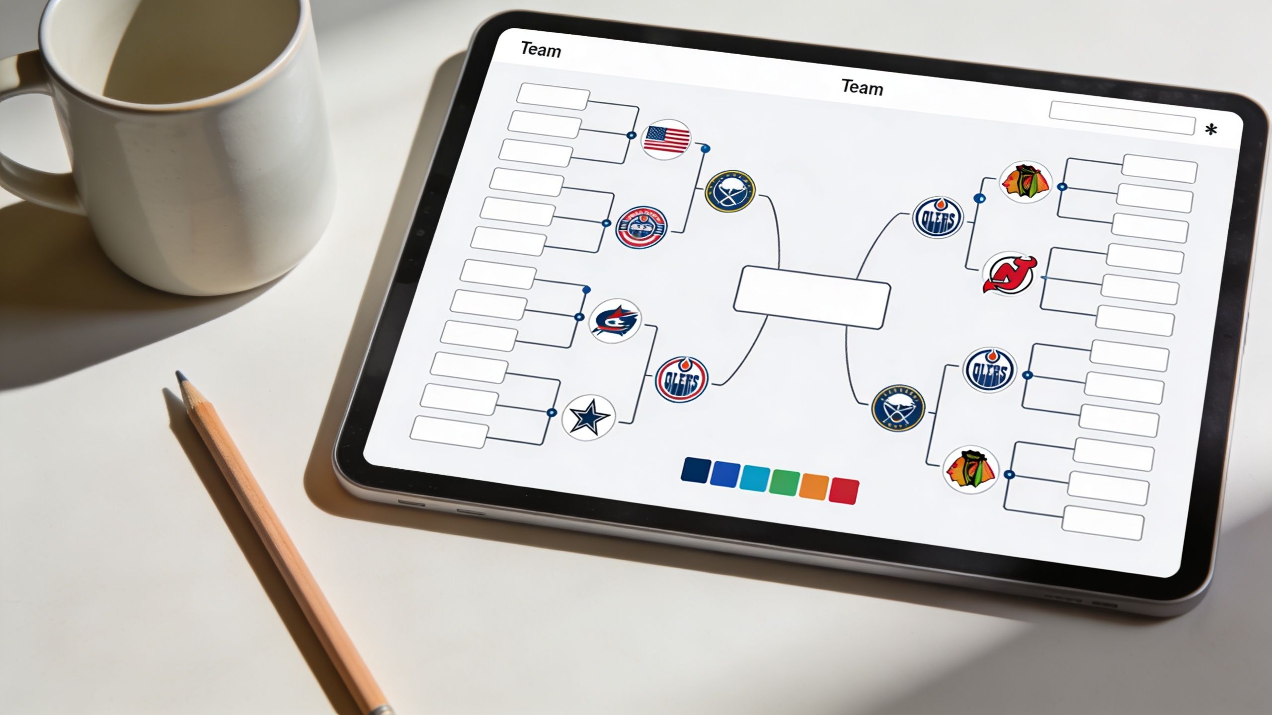 A digital tablet displaying an NHL-themed tournament bracket with team logos on a white desk.
