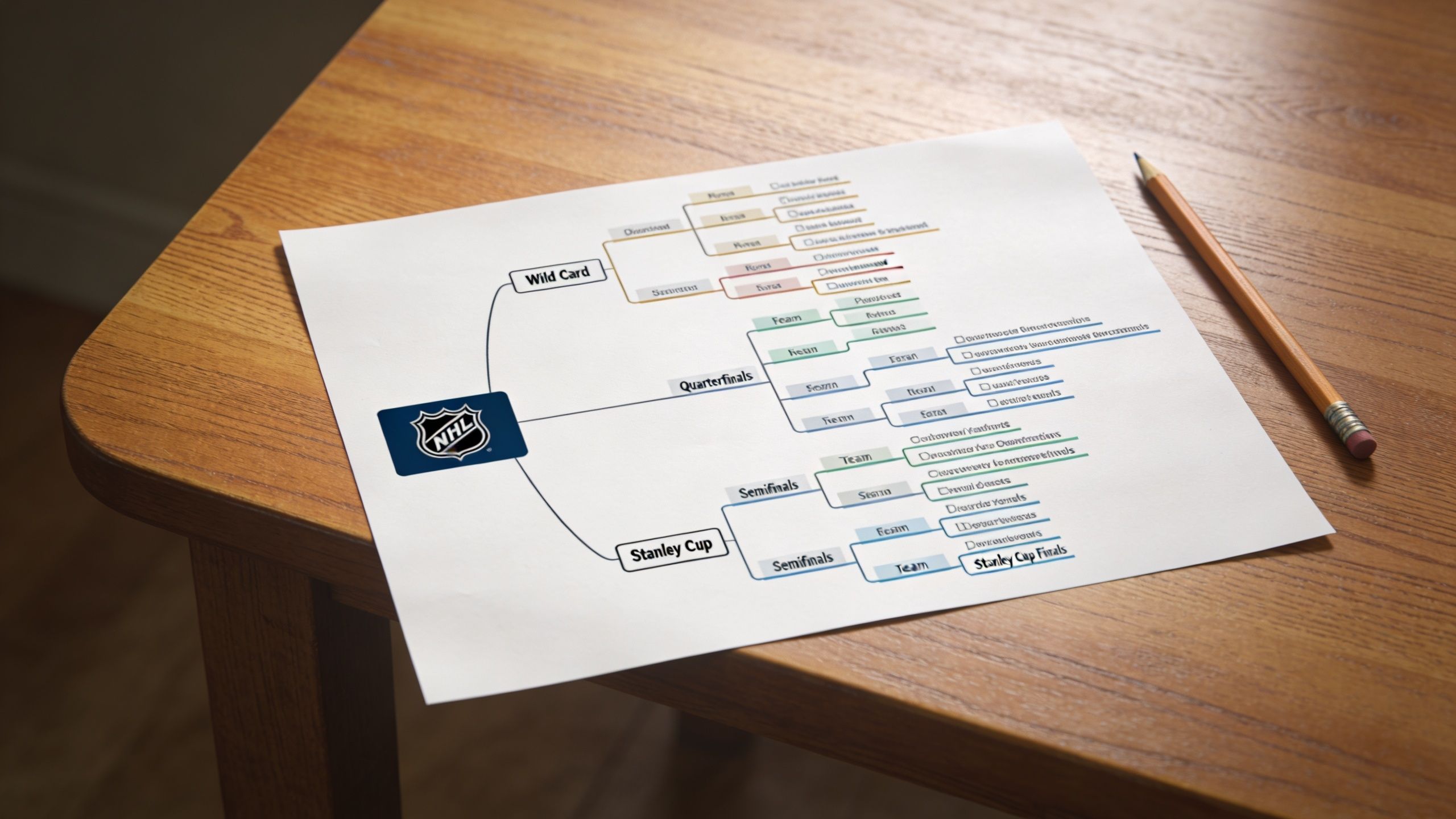 A printed NHL playoff bracket diagram resting on a wooden desk next to a yellow pencil.