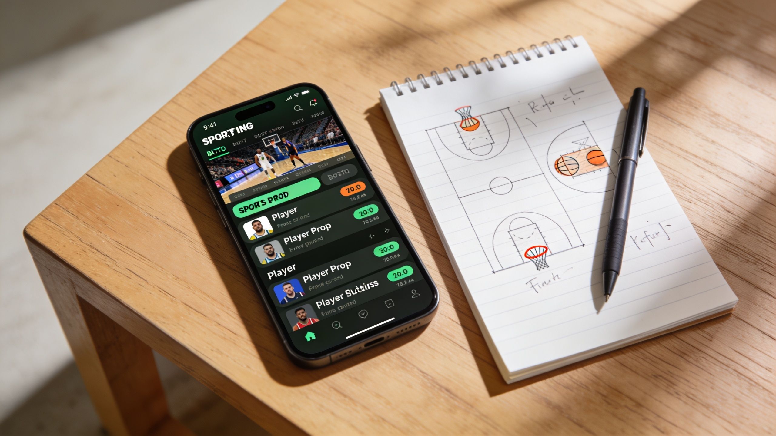 A smartphone showing basketball sports betting options next to a notebook with a sketched basketball court diagram.