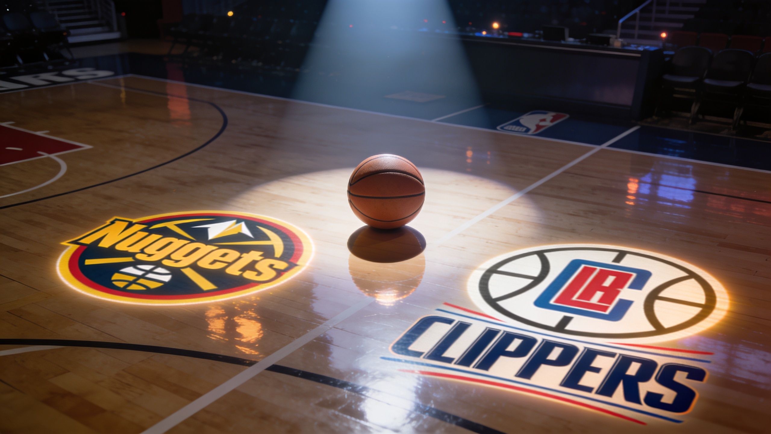 A basketball placed on a court with Denver Nuggets and LA Clippers team logos glowing on the floor.