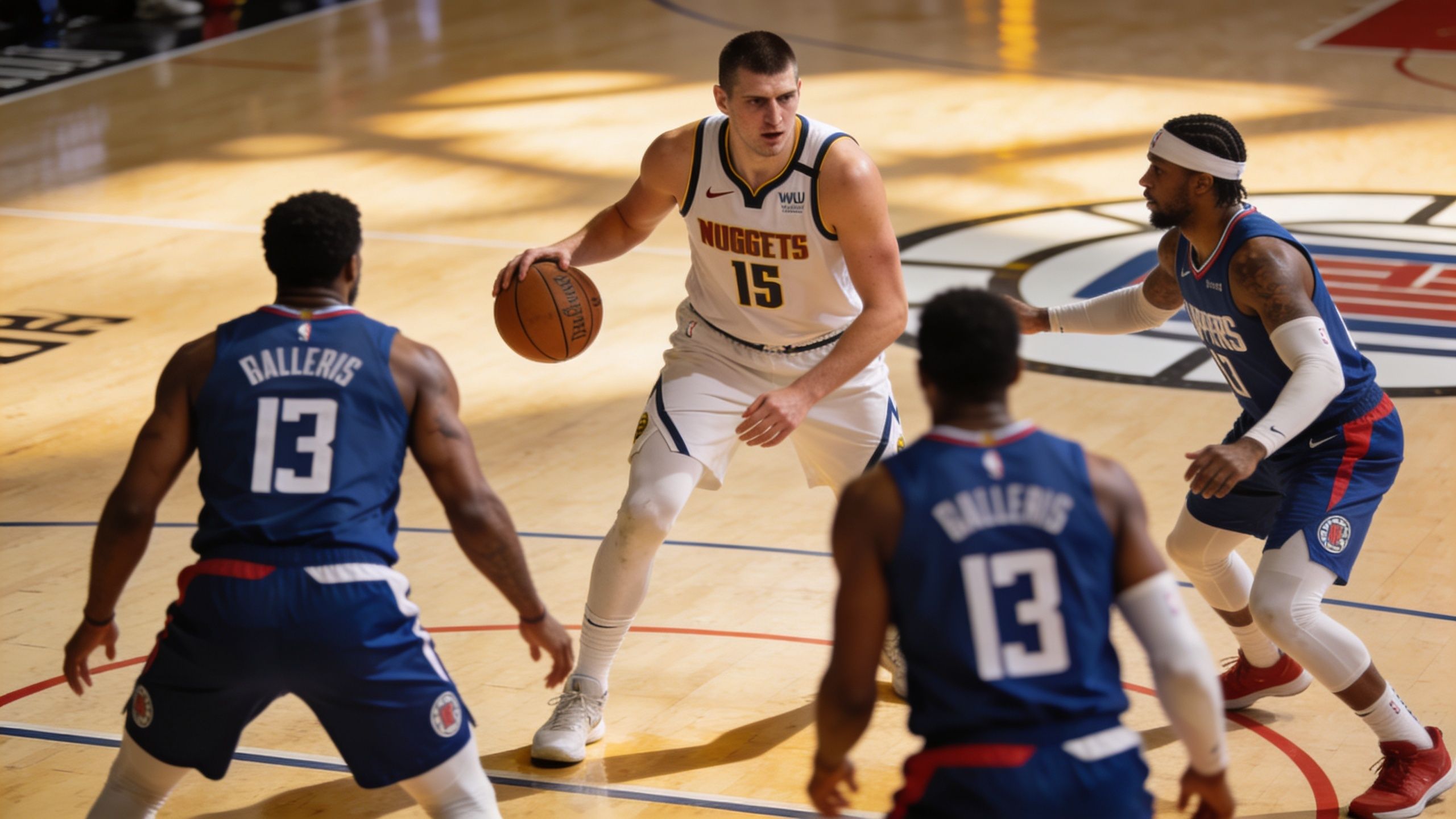 Nikola Jokic of the Denver Nuggets dribbling the ball while guarded by Los Angeles Clippers players.