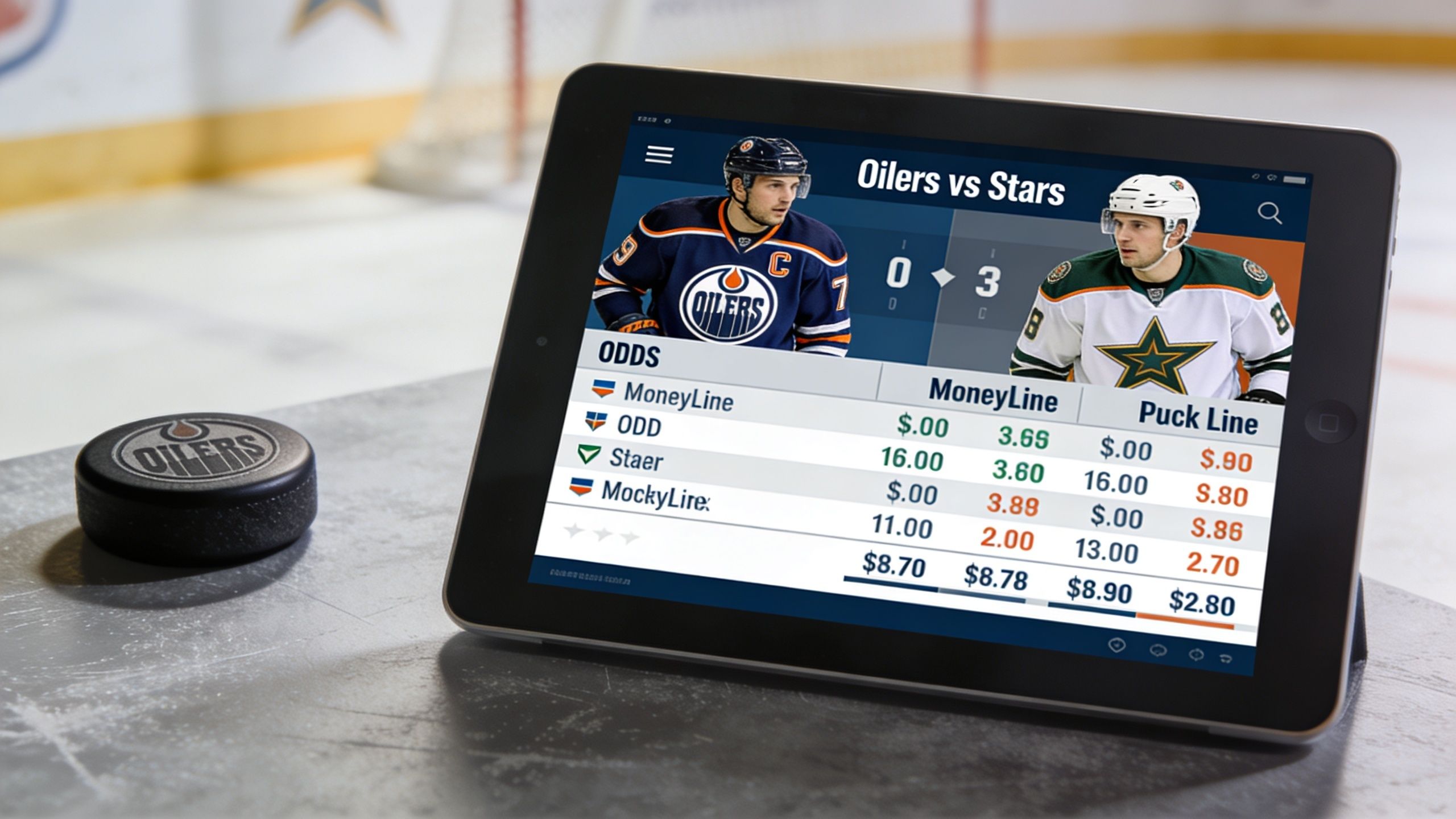 A digital tablet displaying hockey betting odds for an Oilers versus Stars game with a puck nearby.