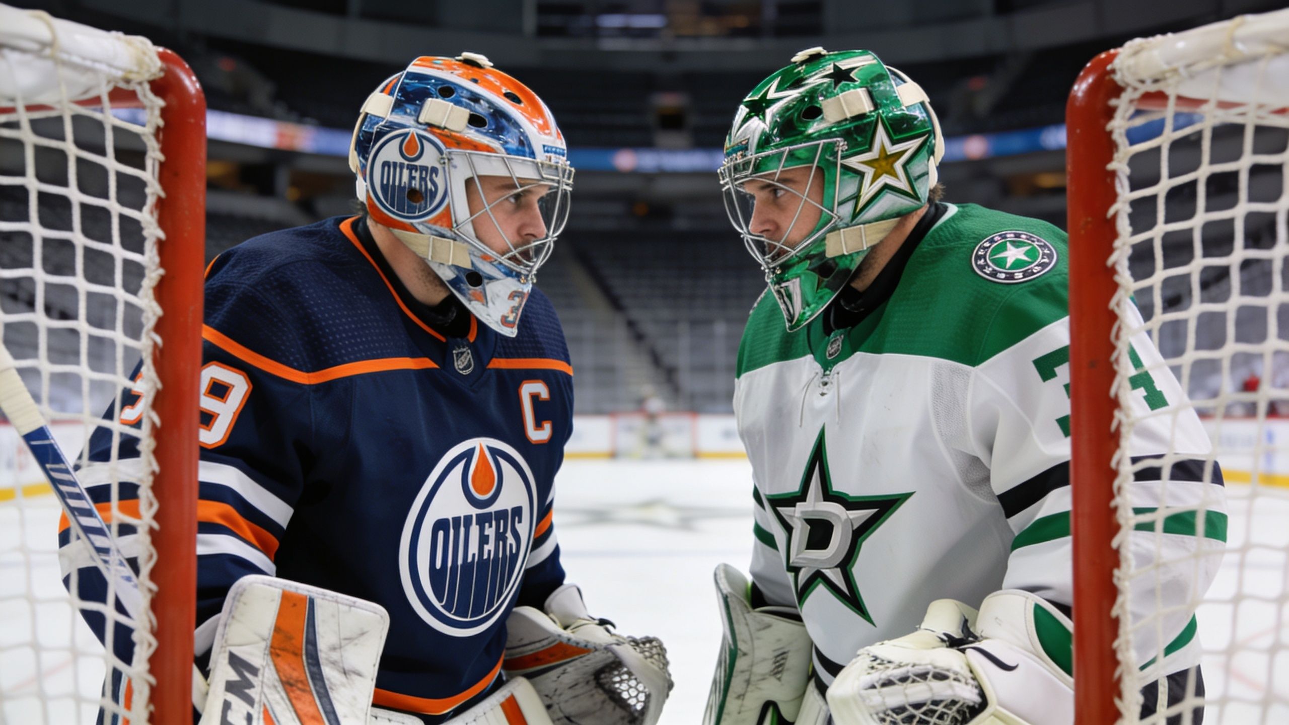 Two professional hockey goalies from the Oilers and Stars teams facing each other in the net.