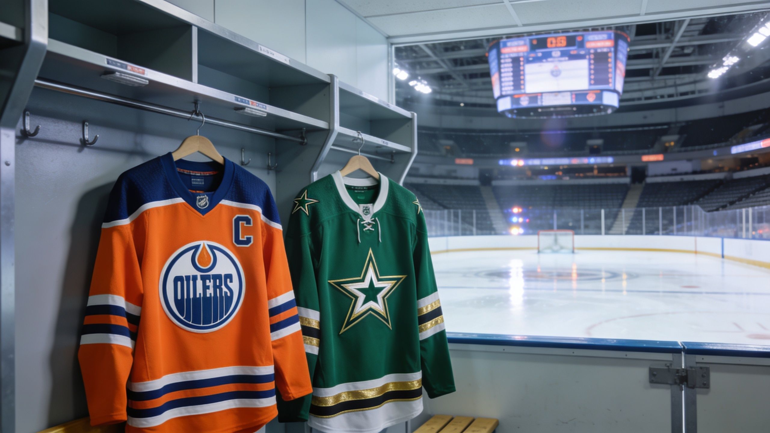 Edmonton Oilers and Dallas Stars jerseys hanging in a hockey locker room overlooking a professional ice arena.