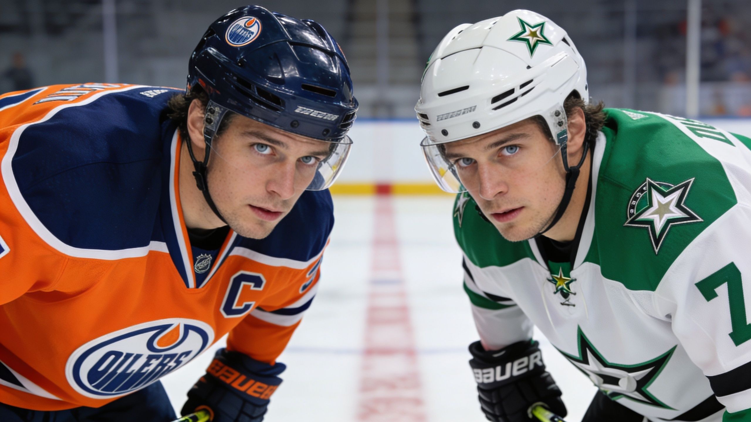 Two professional ice hockey players from the Oilers and Stars teams face each other on the ice.