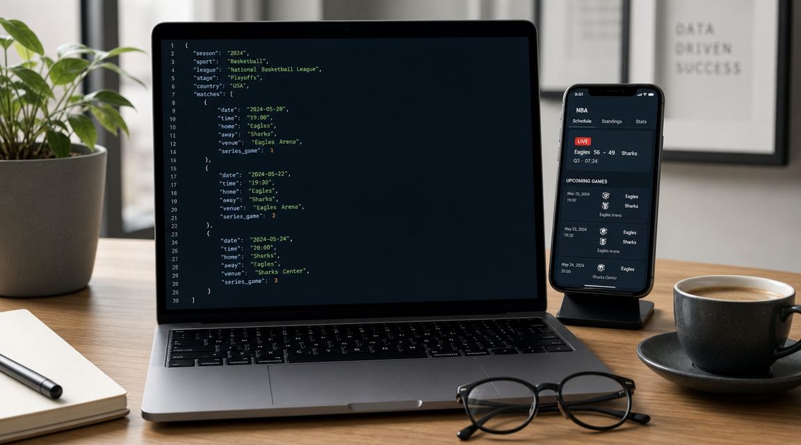 A modern workspace featuring a laptop displaying code, a smartphone with sports scores, and a cup of coffee.