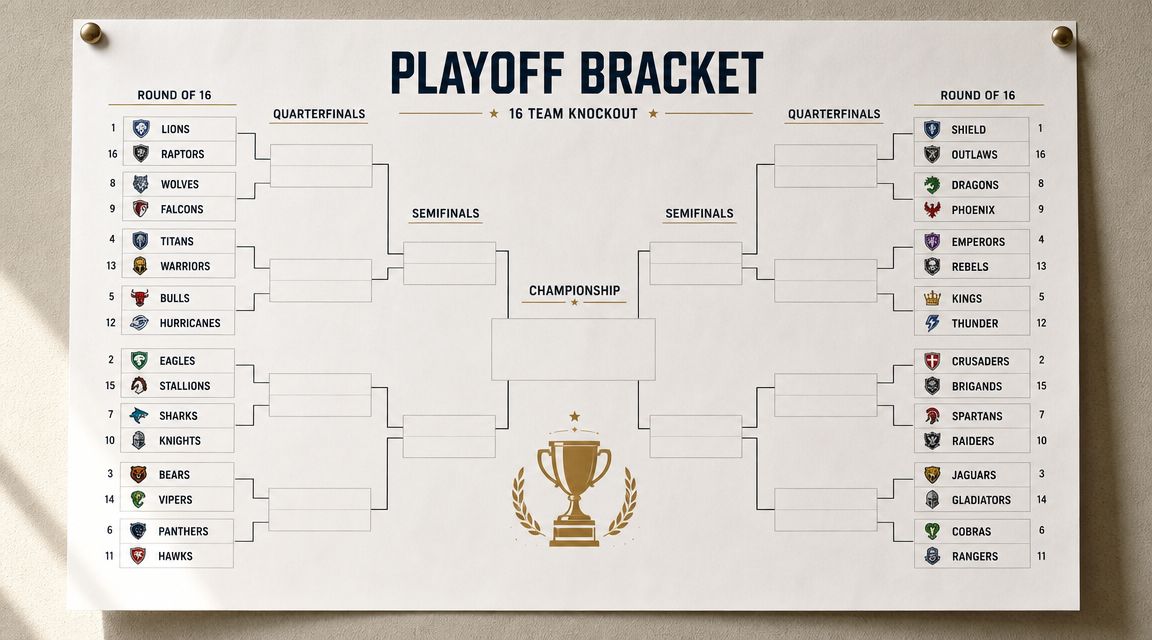 A 16-team knockout tournament playoff bracket chart with sports team names and logos on a white poster.