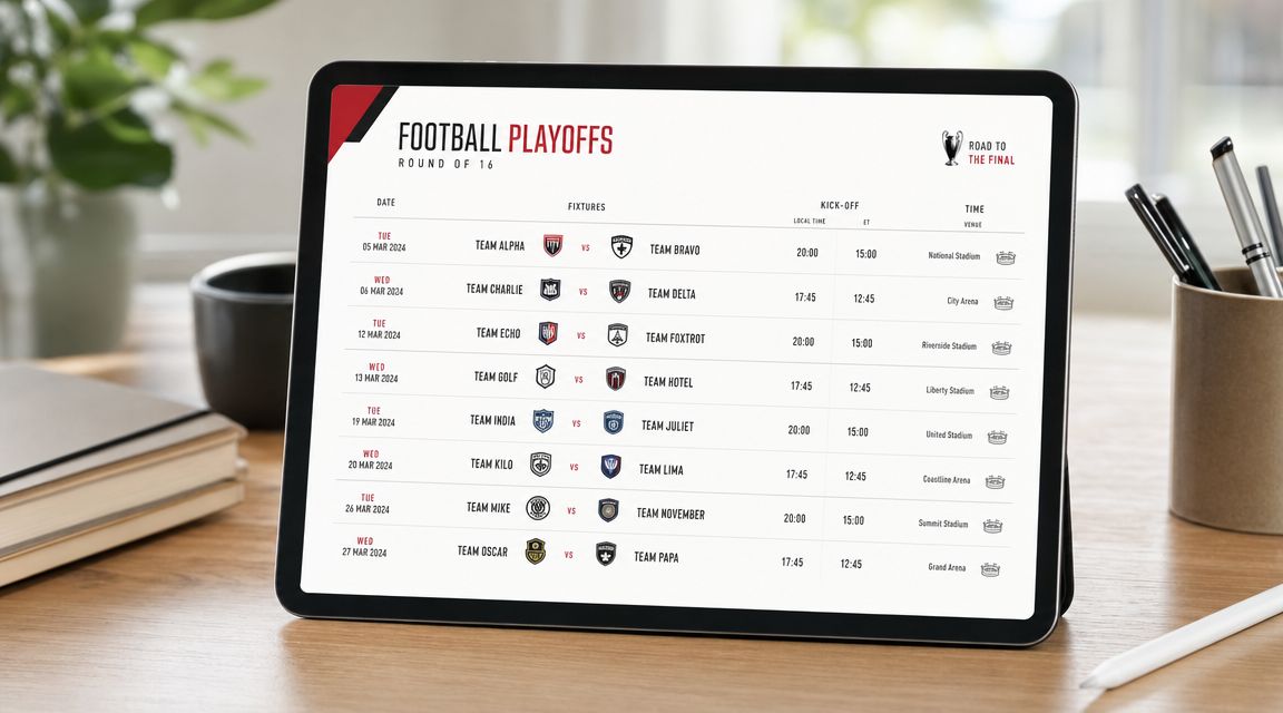 A tablet displaying the round of 16 schedule for football playoffs on a wooden desk.