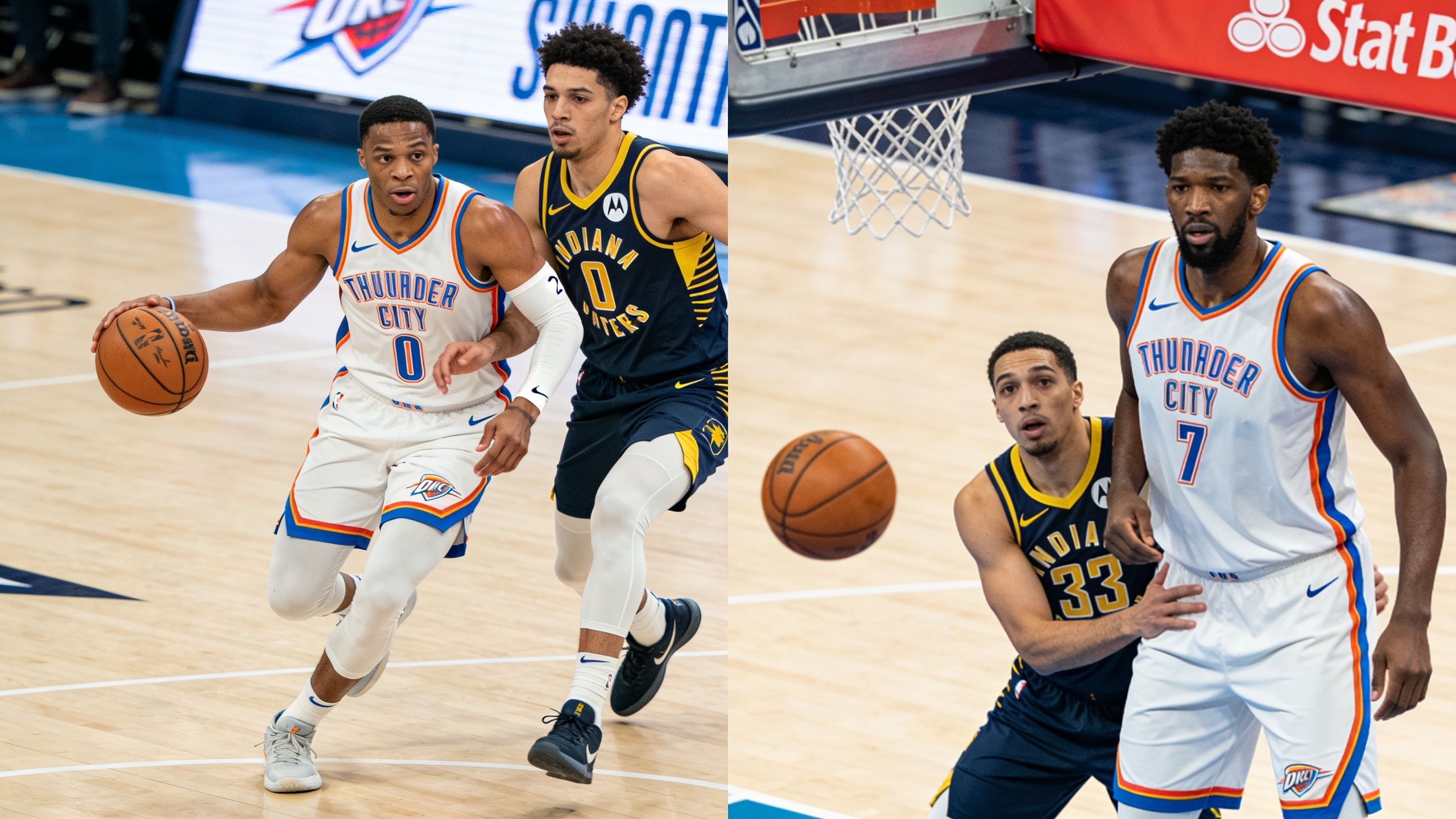 Professional basketball players in Thunder and Pacers uniforms competing during an intense NBA basketball game on court.