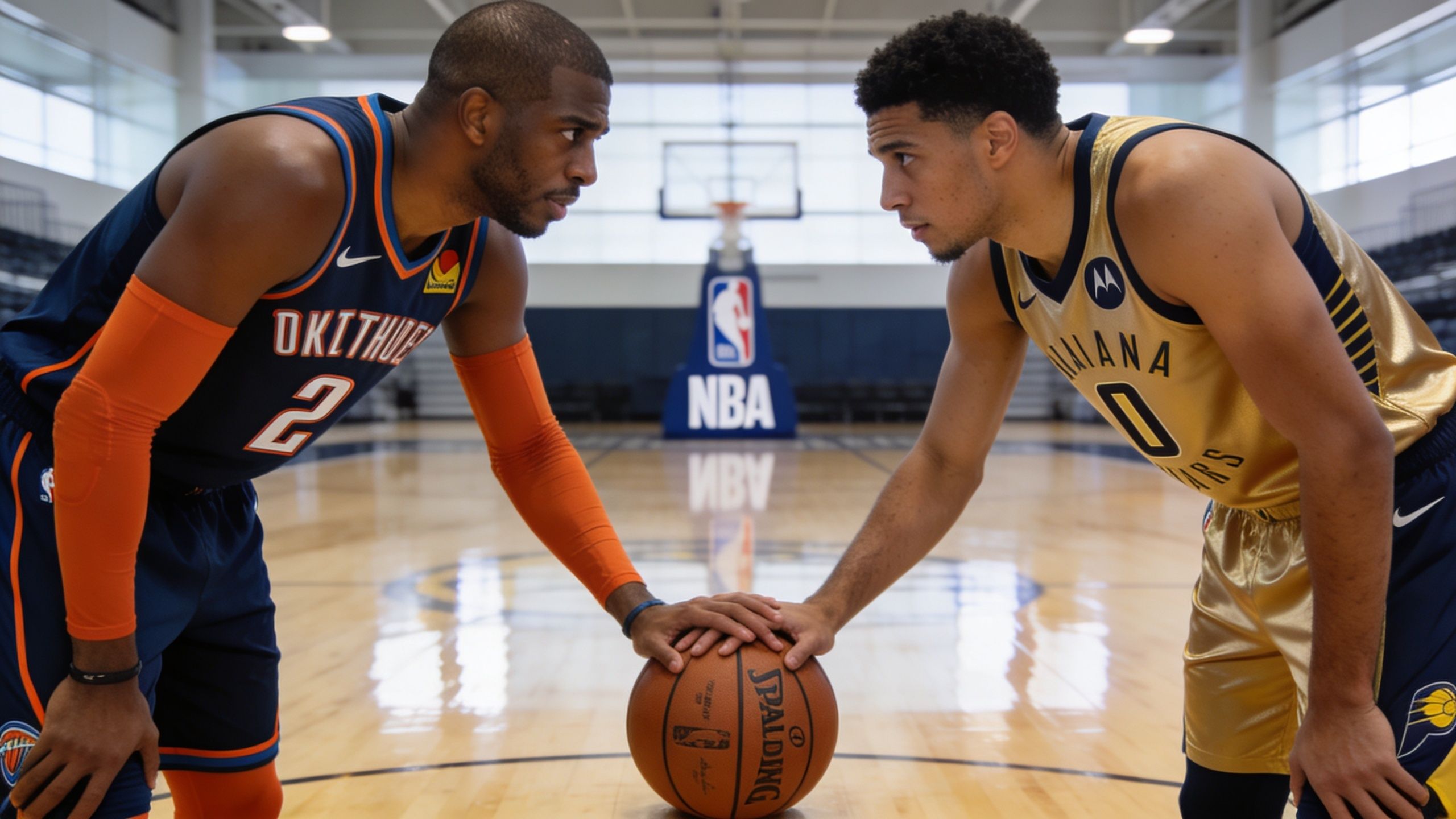 Two professional basketball players from the Thunder and Pacers facing each other while touching a basketball.